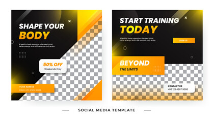 Fitness Gym Social Media Post Template Set with Photo Placeholder, Modern Black Yellow Social Media Promotion Design