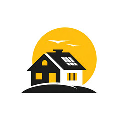 A house silhouette at sunset, with birds flying and solar panels on the roof