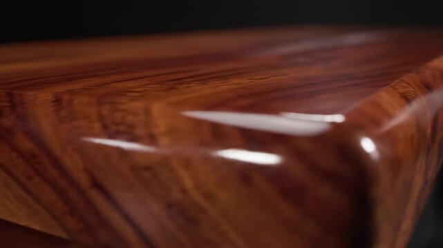 Highly polished cherry wood surface edge slowly rotates and pivots creating a versatile clean digital transition or animated border element cherry wood, modern, framing