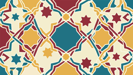 Seamless Islamic Geometric Pattern with Colorful Arabesque Stars and Mosaic Background
