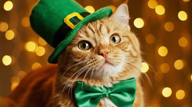Orange Tabby Cat Wearing Green St Patrick's Day Hat with Bow Tie Bokeh Lights