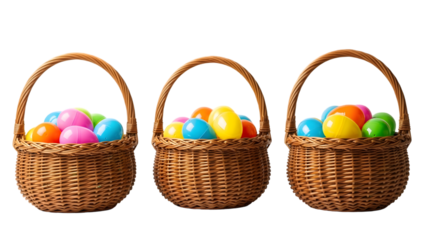 Easter eggs in woven baskets isolated on transparent background