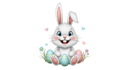 Obraz premium Cute white bunny rabbit with blue eyes sitting with decorated Easter eggs and flowers isolated on a transparent background