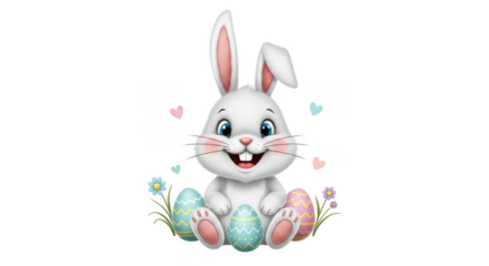 Cute white bunny rabbit with blue eyes sitting with decorated Easter eggs and flowers isolated on a transparent background