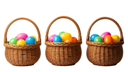 Easter eggs in woven baskets isolated on transparent background