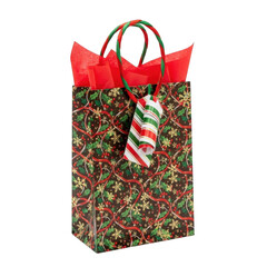 Fototapeta premium Festive Christmas gift bag with holly berries snowflakes and red tissue paper isolated on a transparent background