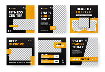Fitness Gym Social Media Post Template Set with Photo Placeholder, Modern Black Yellow Social Media Promotion Design