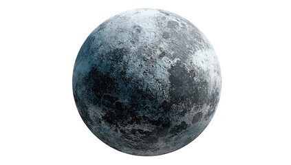 A realistic rendering of a cold, textured celestial body, isolated on a black background