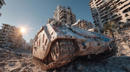 Abandoned Tank Among Rubble of War-Torn Urban Landscape in Sunset