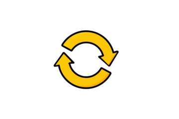A golden, curved arrow symbol rotating, against a pitch-black background