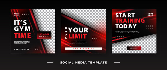 Red Black Gym Fitness Social Media Post Template with Photo Placeholder, Modern Workout Promotion Design