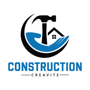 Construction company logo with hammer and house icon  building and hand