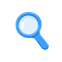 A cartoon-style illustration of a magnifying glass with a bright blue handle and bezel