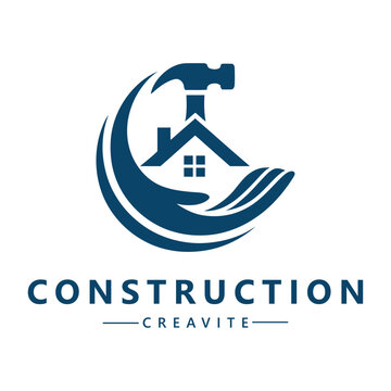 Construction company logo with hand holding house and hammer icon