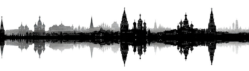 Fototapeta premium Silhouetted cityscape, possibly a skyline, reflected in calm waters against a dark background