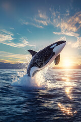 Fototapeta premium Orca breaching at sunset with splashing water, ocean surface, distant coastline, dramatic sky and warm golden light