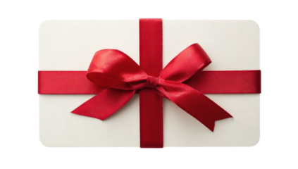 A blank rectangular gift card with a vibrant red ribbon tied into an elegant bow