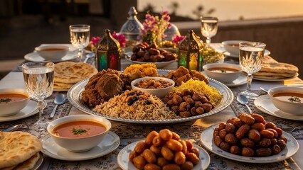A rich and beautifully arranged Ramadan Iftar dinner table outdoors at sunset. The spread includes traditional dishes like biryani with nuts, bowls of dates, fresh pita bread, hearty soups, and middle