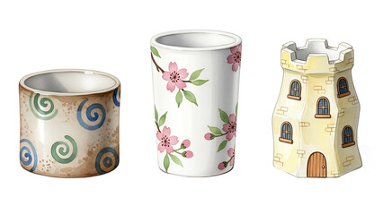 Handmade ceramic objects with decorative designs and floral patterns showcased on a plain surface from a frontal viewpoint