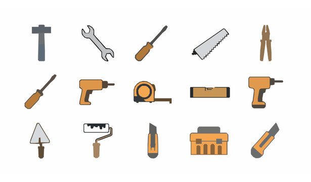 Building tools icon set in flat vector style for construction repair and handyman design
