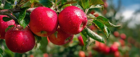 Obraz premium The Apples on a Dewy Branch in a Sunlit Orchard Closeup Landscape