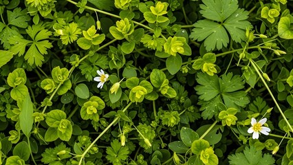 Close-up of lush green ground cover with small white flowers.