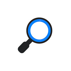 A stylized magnifying glass with a blue border, and a black handle, over a black background