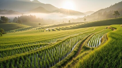 Serene rice terraces at sunrise with misty mountains