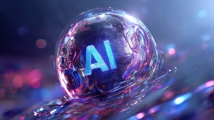 A futuristic, iridescent bubble encases the letters "AI," representing artificial intelligence and its evolving nature in a digital landscape.