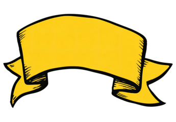 A vibrant yellow banner illustration with a black outline, floating against a solid black backdrop