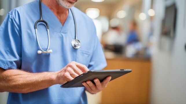 Hospital chaplain reviewing patient files on a tablet coordinating spiritual care plans as part of a multidisciplinary healthcare team.
