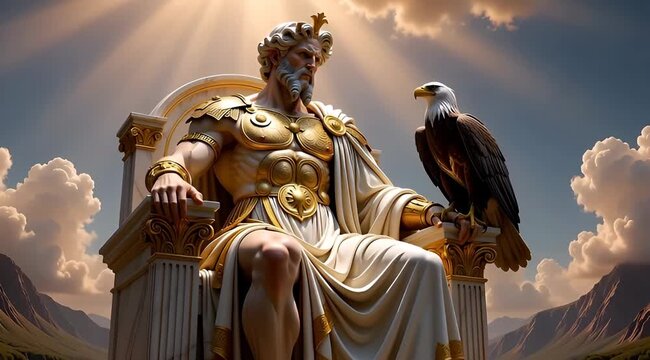 Majestic God Zeus Statue with Eagle on Throne, Olympus Mountain Landscape, Divine Power