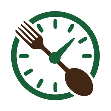 Green clock with fork and spoon hands on white background