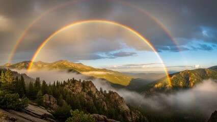 Double rainbow over misty mountain landscape with evergreen trees