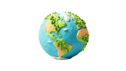 Low-poly 3D render of planet Earth, showcasing continents and greenery