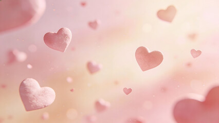 Soft pink hearts floating in a dreamy, glowing background create a romantic and gentle mood. Ideal for Valentine’s Day designs, love themes, celebrations, and emotional concepts.