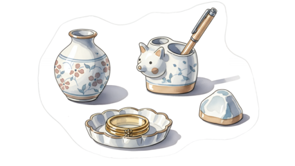 Ceramic desk accessories, including a piggy bank, vase, tray, and brush, on a white background, viewed from above.