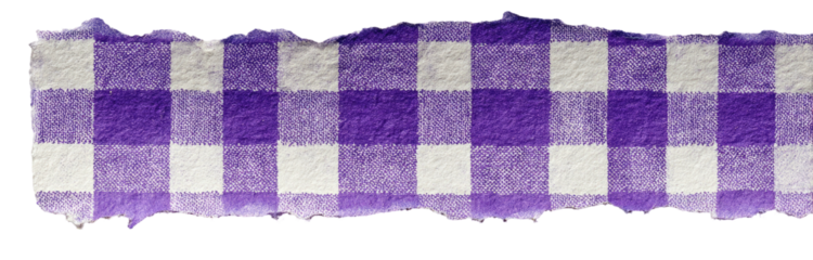 Close-up of a checkered textile with purple and white squares, uneven edges, set against a black backdrop