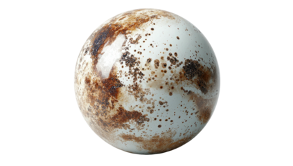 A close-up shot of an egg with mottled brown and white textures against a black backdrop