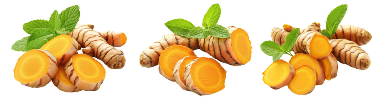Turmeric root with sliced pieces and green leaves isolated on white transparent background.