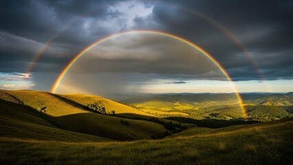 double rainbow over rolling green hills and mountains © Yohanessoekamti