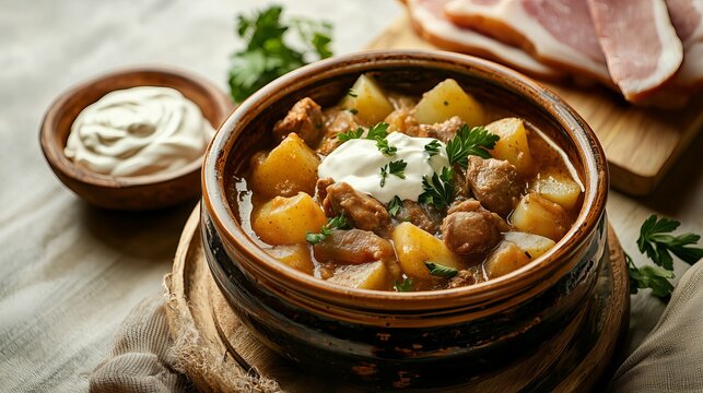 Chunky Beef Stew with Tender Potatoes in Rustic Ceramic Bowl, Perfect for Cozy Dinner Gatherings