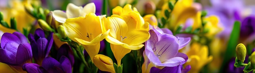 Obraz premium A vibrant close-up of colorful freesia flowers in yellow, purple, and white, showcasing their delicate petals and lush greenery.