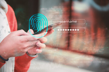 Biometric Security and Identity Authentication Concept, Woman Using Smartphone with Fingerprint Scan and Login Overlay.