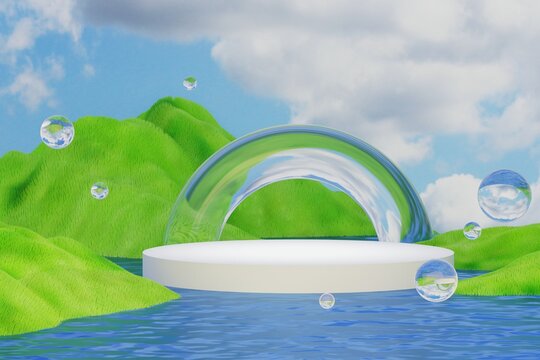 3D rendering with podium and arch in Y2K retro-future style with glossy Frutiger Aero aesthetics.