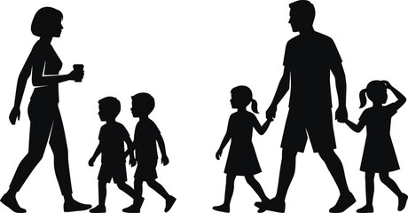 Obraz premium Family silhouettes walking in opposite directions showing parents and children daily life movement, togetherness and modern lifestyle concept isolated on white background