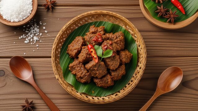 Beef rendang dish on banana leaf, wooden background, spices