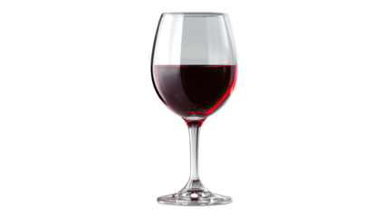 A wine glass, filled with red liquid, set against a stark black background