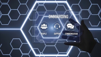 Interactive onboarding interface with people, support, and communication icons