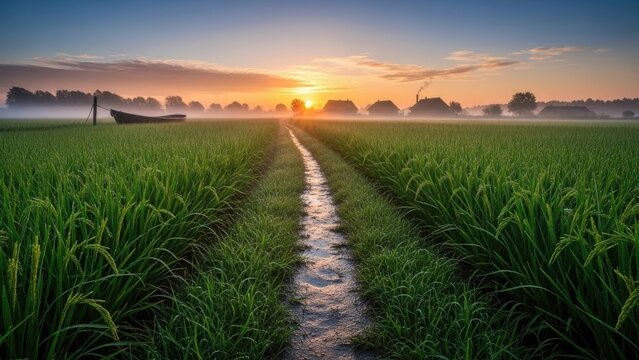 serene rice field at sunrise with boat and pathway - Powered by Adobe